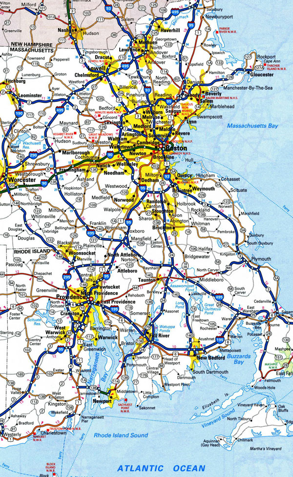 Large roads and highways map of Rhode Island state with cities.