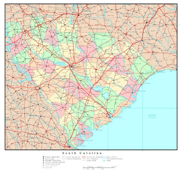Large detailed administrative map of South Carolina state with roads, highways and cities.