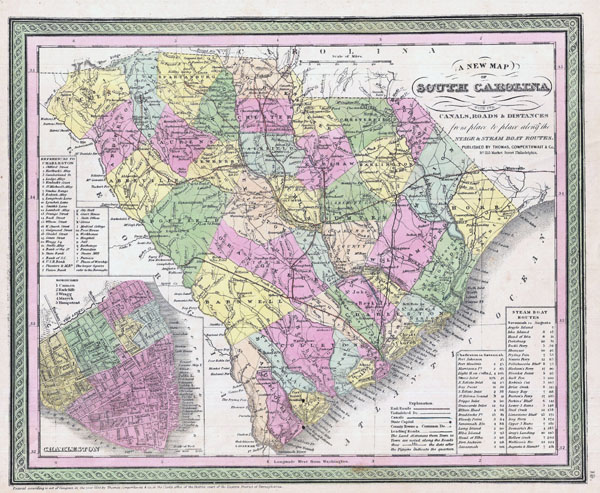Large detailed old administrative map of South Carolina state - 1850.