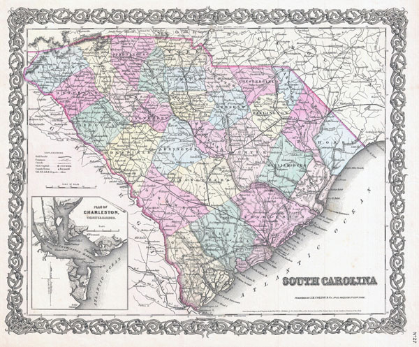 Large detailed old administrative map of South Carolina state - 1855.