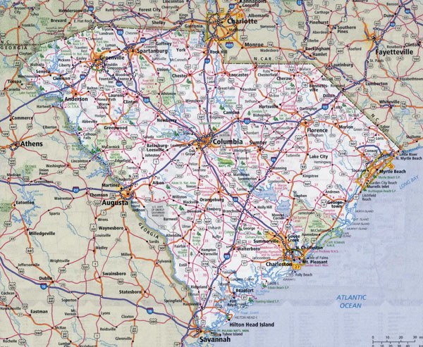 Large detailed roads and highways map of South Carolina state with national parks and cities.