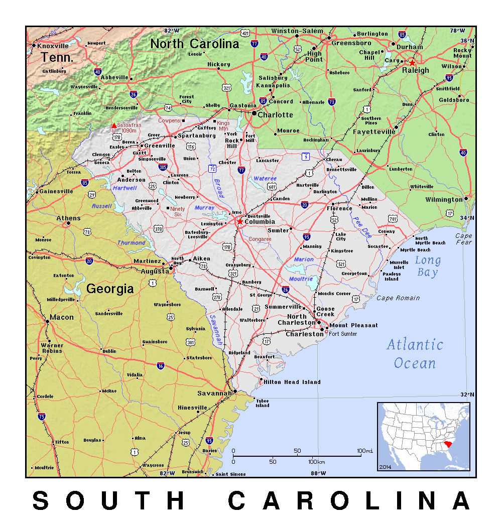 Large map of South Carolina state with relief Maps of