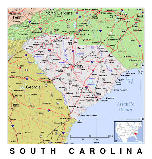 Large map of South Carolina state with relief.