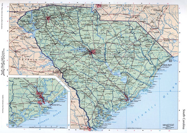 Large map of the state of South Carolina with cities, roads and highways.