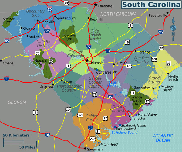 Large regions map of South Carolina state.