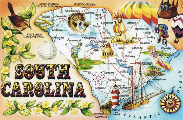 Large tourist illustrated map of South Carolina state.