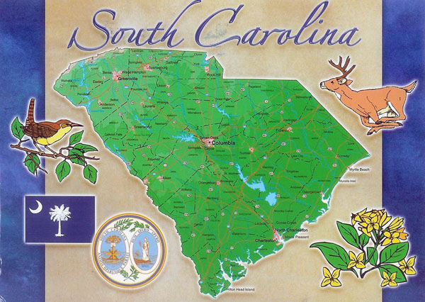 Postcard with map of South Carolina state.