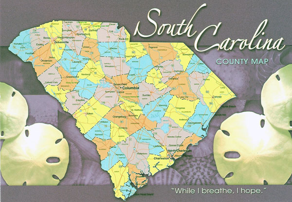 The state of South Carolina postcard with map.