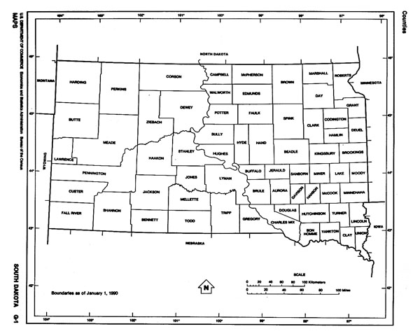 Administrative map of South Dakota state.