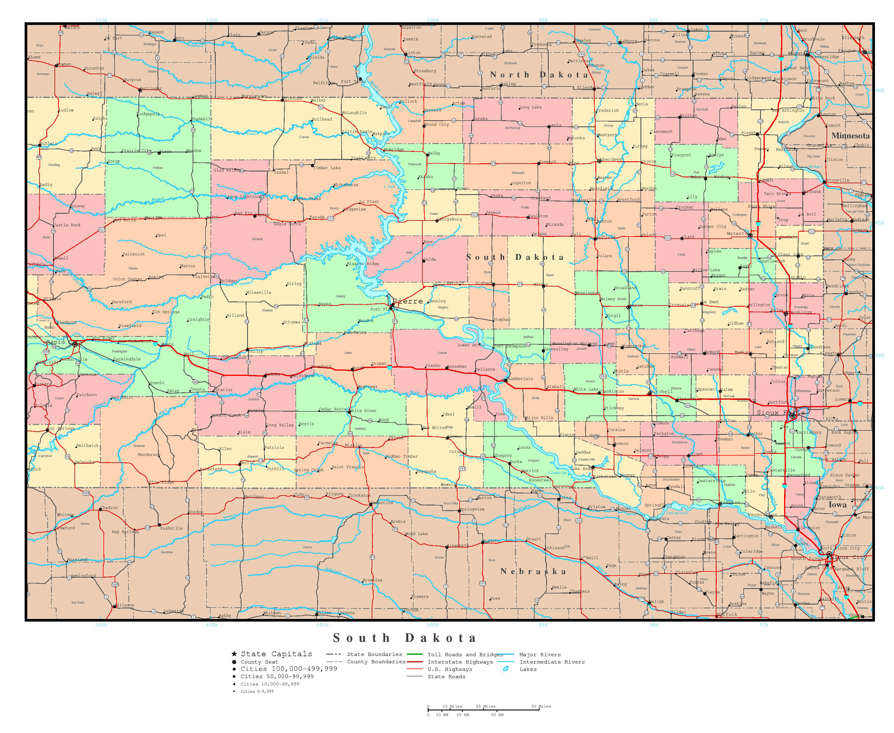 Large detailed administrative map of South Dakota with roads, highways