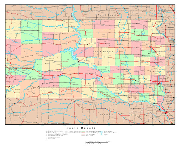 Large detailed administrative map of South Dakota with roads, highways and all cities.