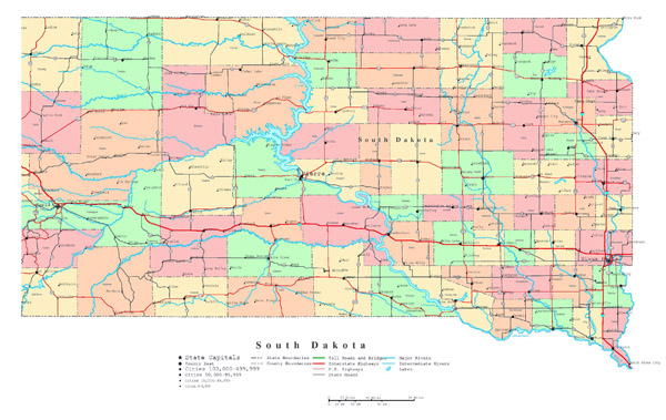 Large detailed administrative map of South Dakota with roads, highways and major cities.