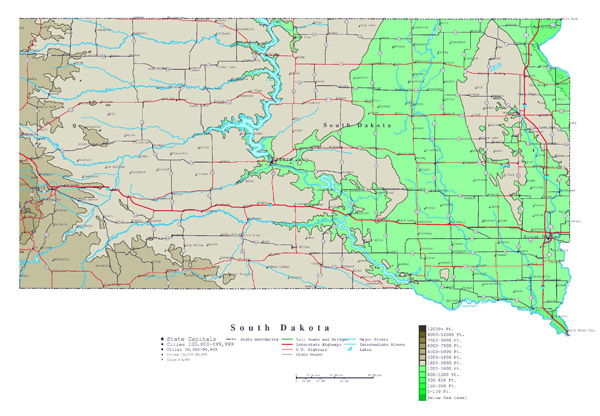 Large detailed elevation map of South Dakota state with roads, highways and major cities.