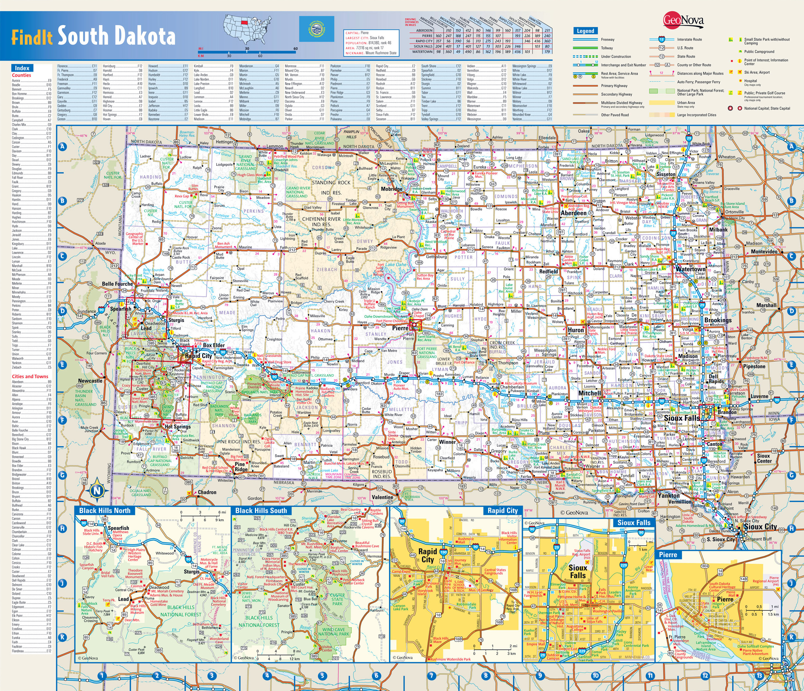Large detailed roads and highways map of South Dakota state with