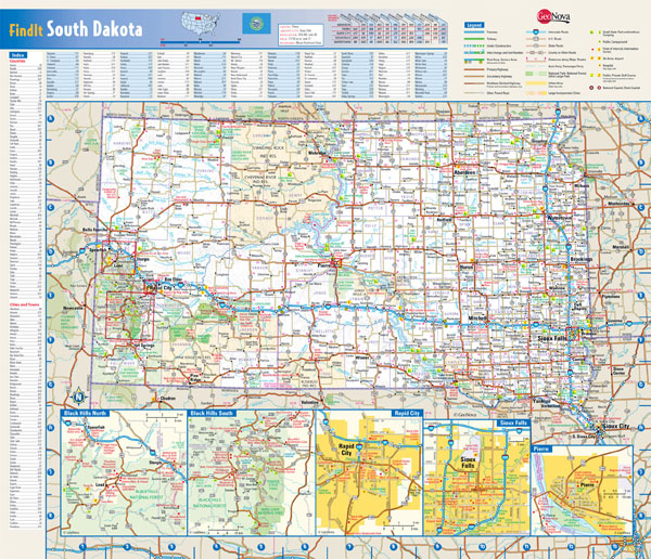 Large detailed roads and highways map of South Dakota state with national parks and cities.