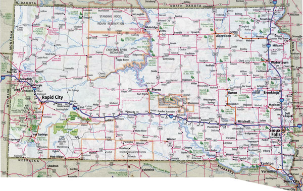 Large detailed roads and highways map of South Dakota with all cities