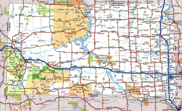 Large detailed roads and highways map of South Dakota with national parks and cities.