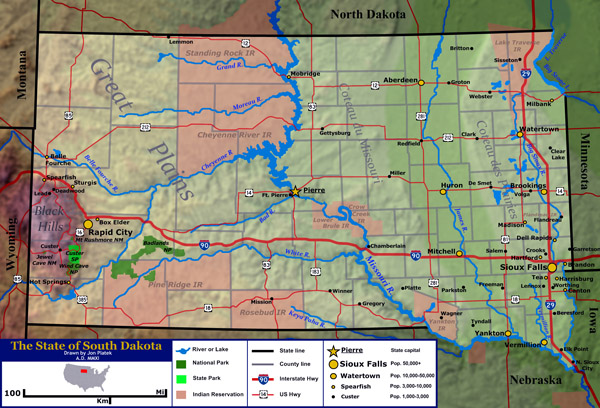 Large general map of the state of South Dakota with relief.