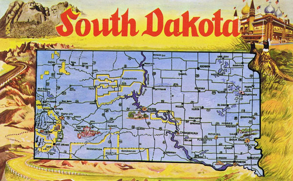 Large tourist illustrated map of South Dakota state.
