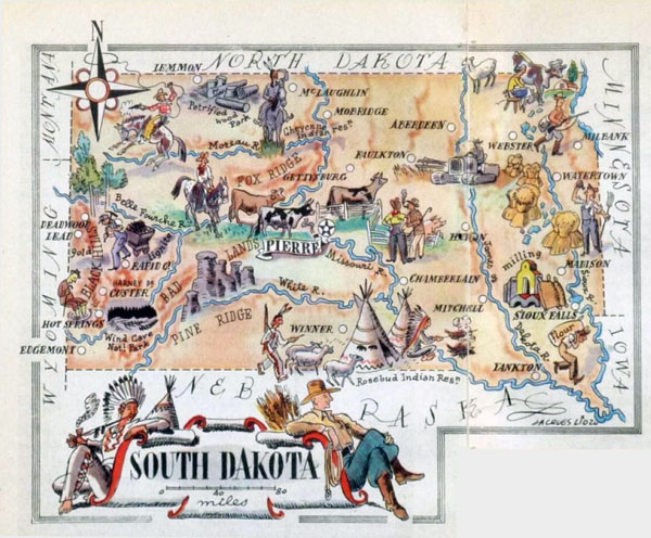 Large tourist illustrated map of the state of South Dakota.