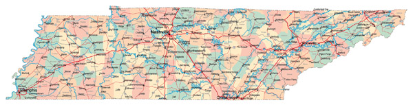 Large administrative map of Tennessee state with roads, highways and cities.