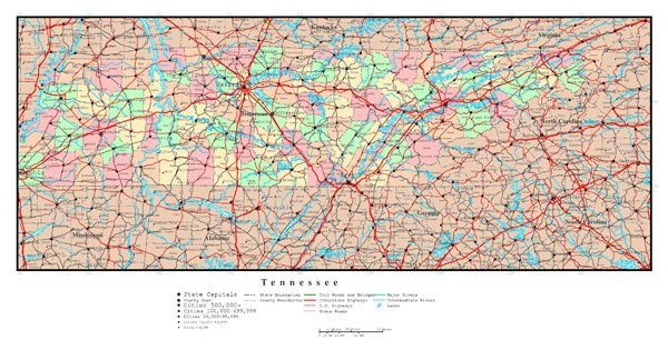 Large detailed administrative map of Tennessee state with roads, highways and all cities.