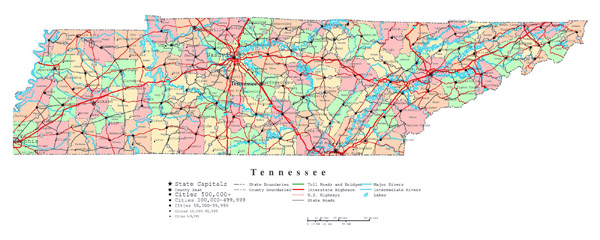 Large detailed administrative map of Tennessee state with roads, highways and cities.