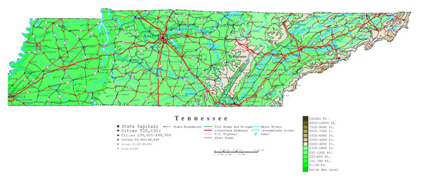 Large detailed elevation map of Tennessee state with roads, highways and cities.