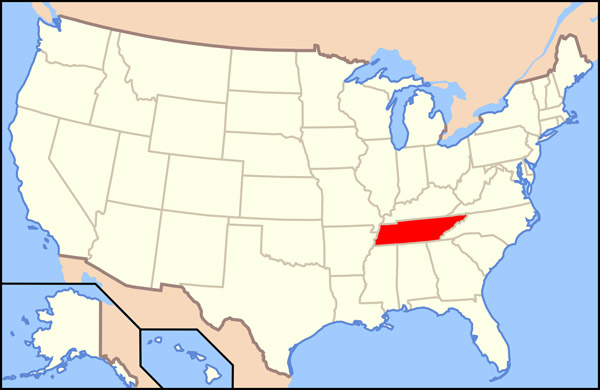 Large location map of Tennessee state. Tennessee large location map.