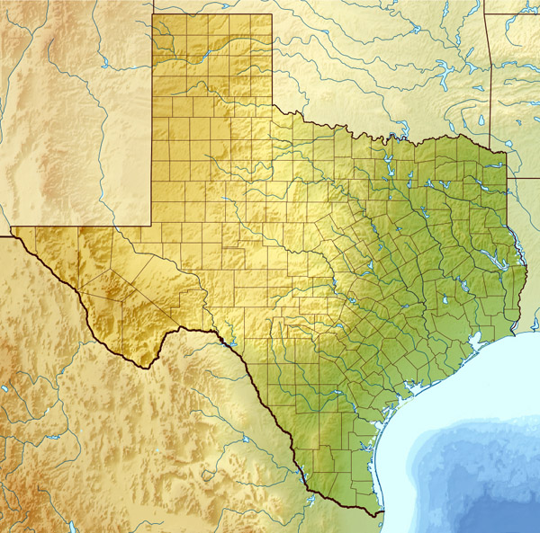 Detailed relief map of Texas state.