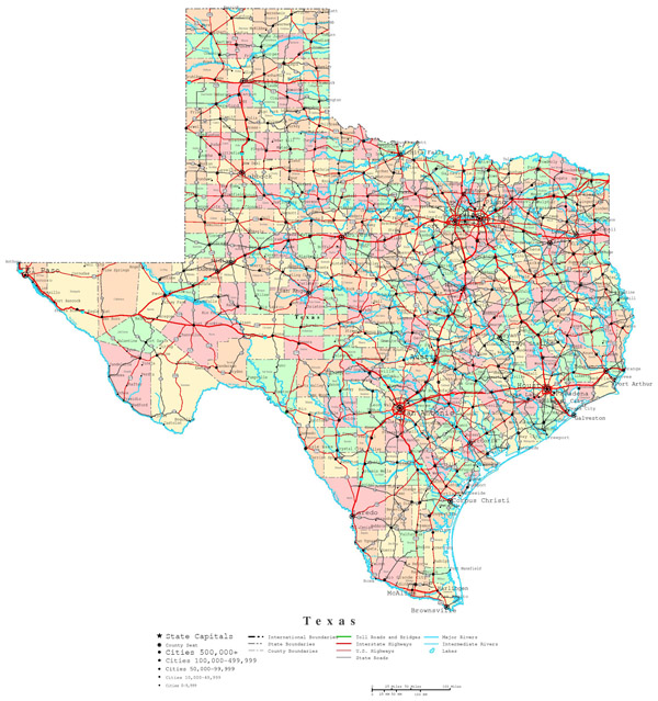 Large detailed administrative map of Texas state with roads, highways and cities.