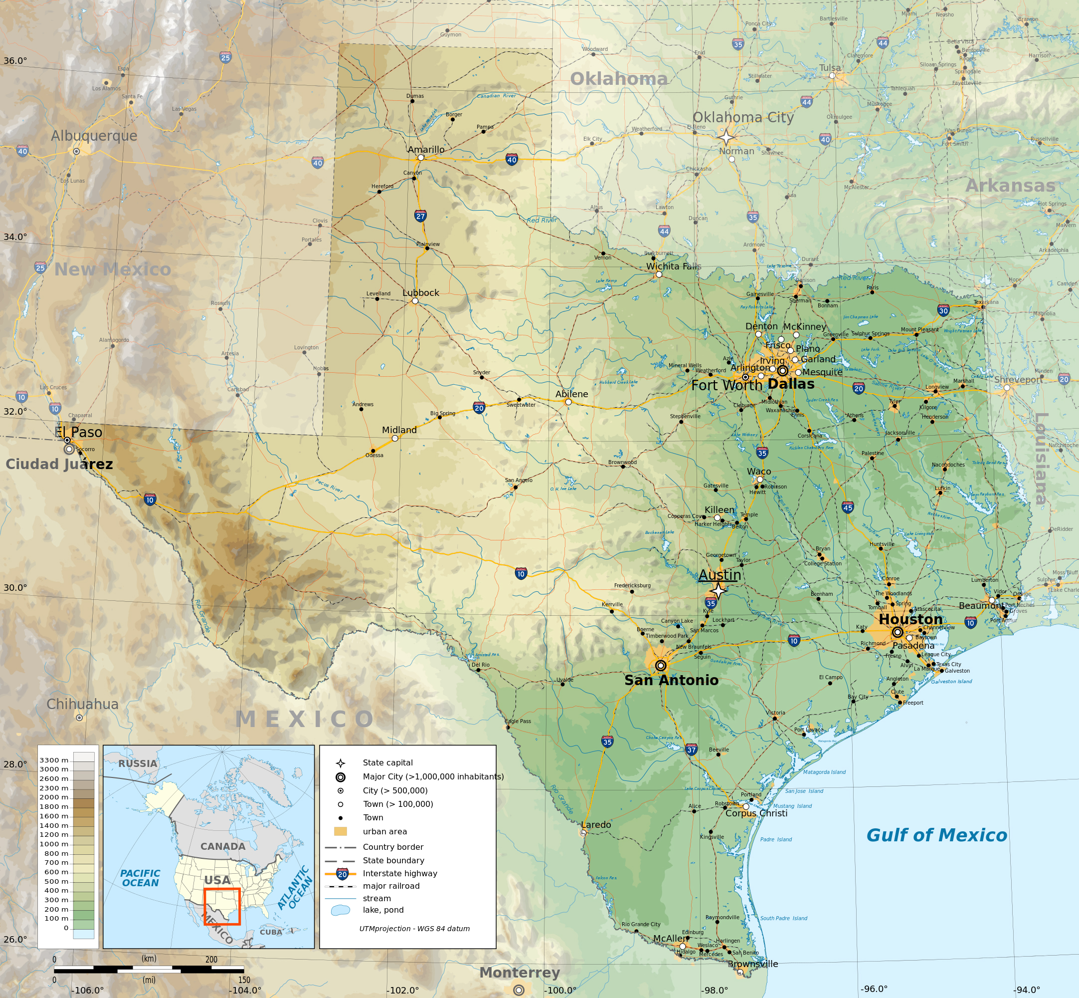 Large Detailed Physical Map Of The State Of Texas With Roads