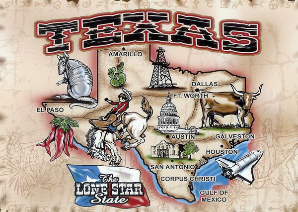 The state of Texas large illustrated map.