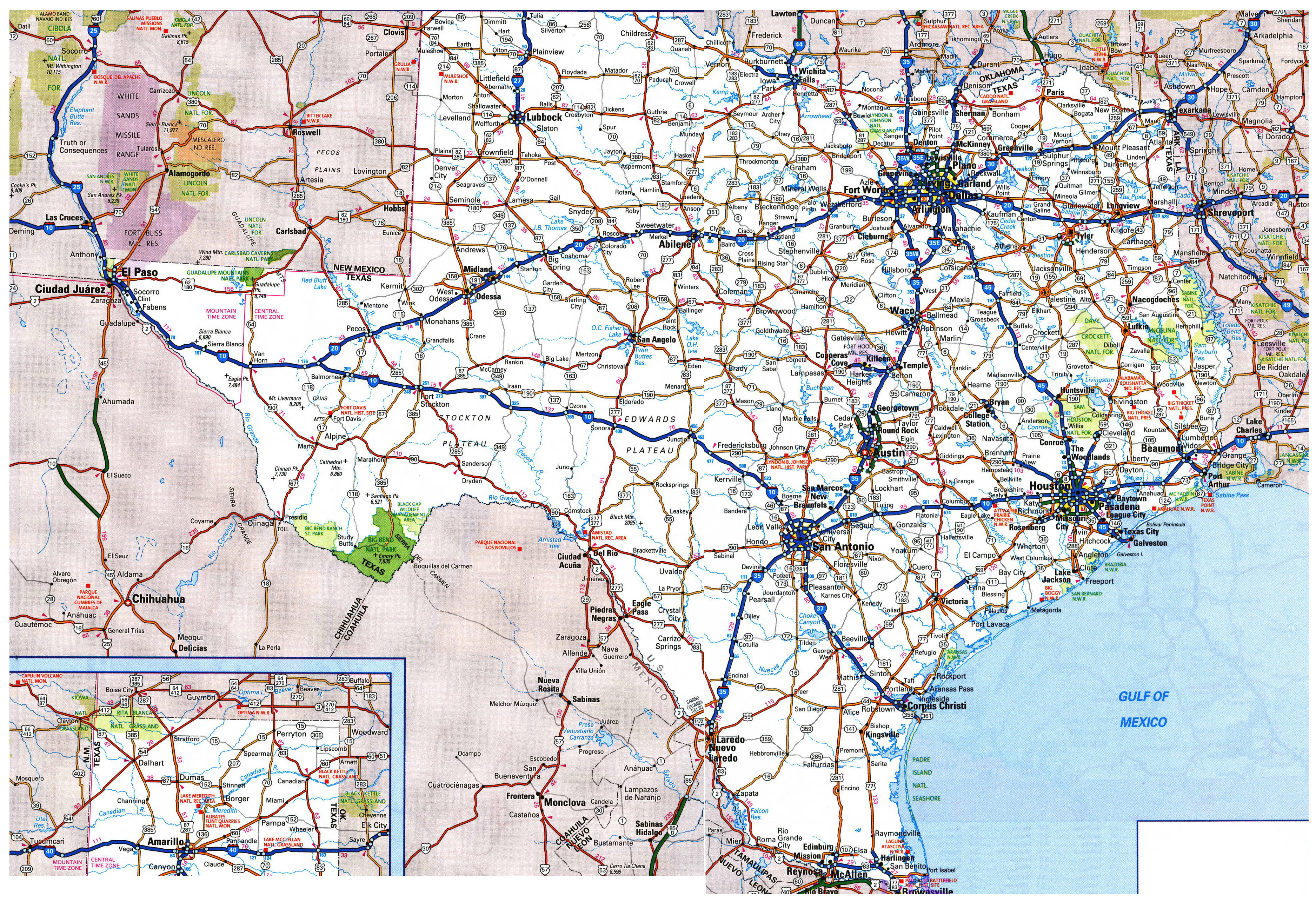 Large Roads And Highways Map Of Texas State With National Parks