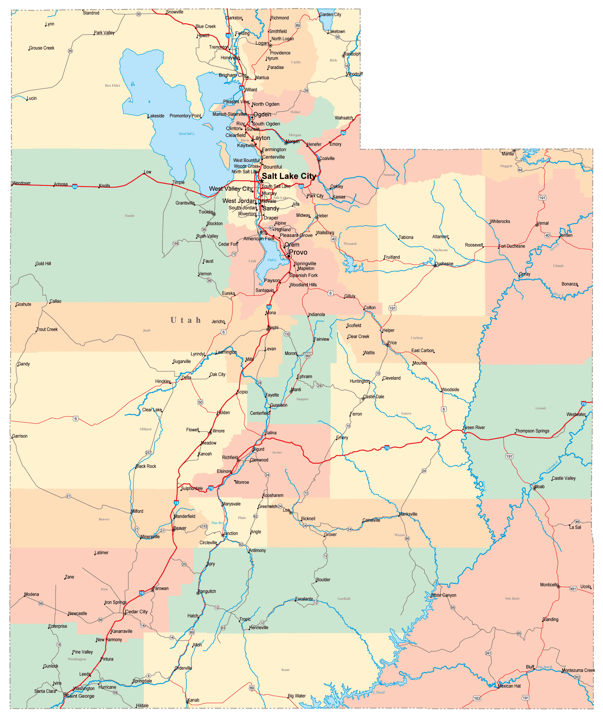 Large Administrative Map Of Utah State With Roads Highways And Major 