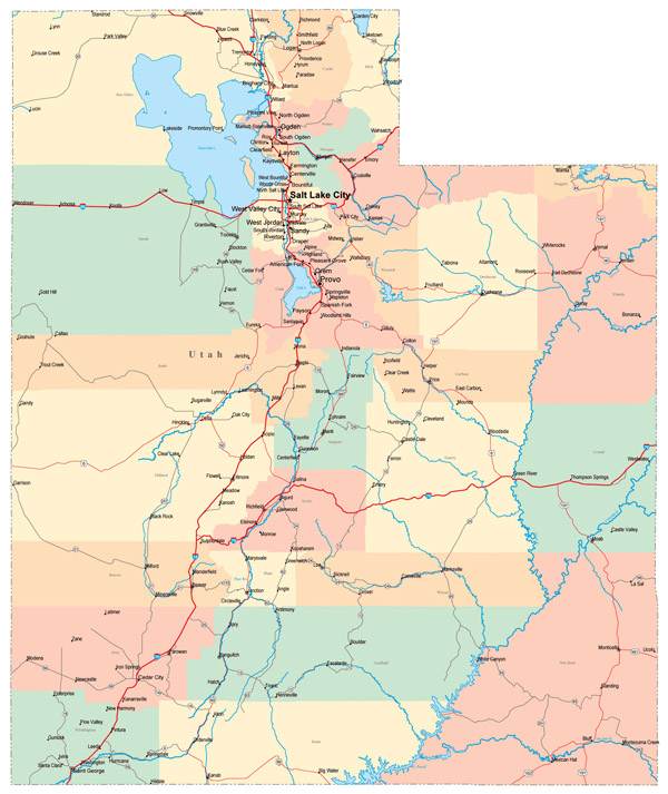 Large administrative map of Utah state with roads, highways and major cities.