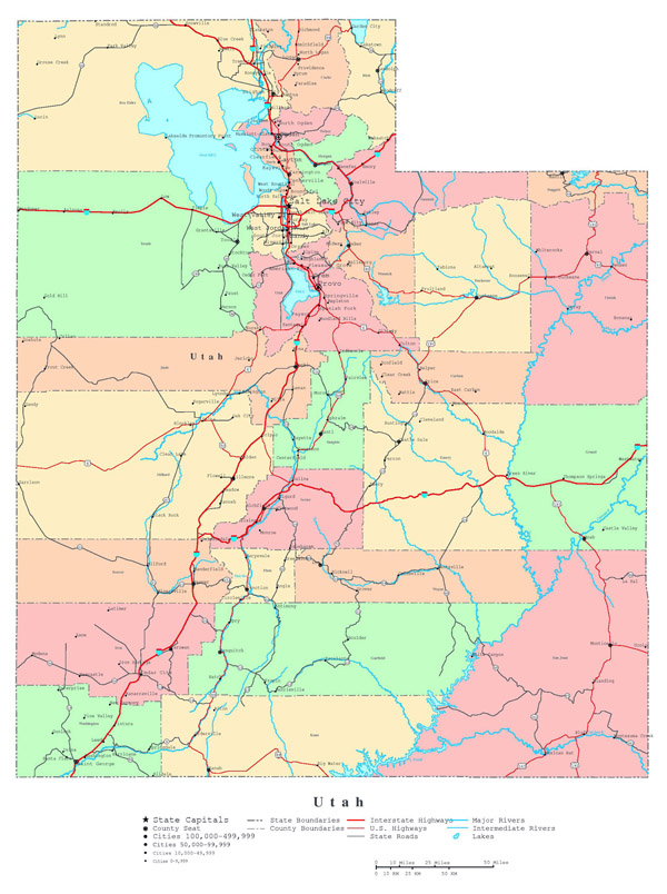 Large detailed administrative map of Utah state with roads, highways and cities.