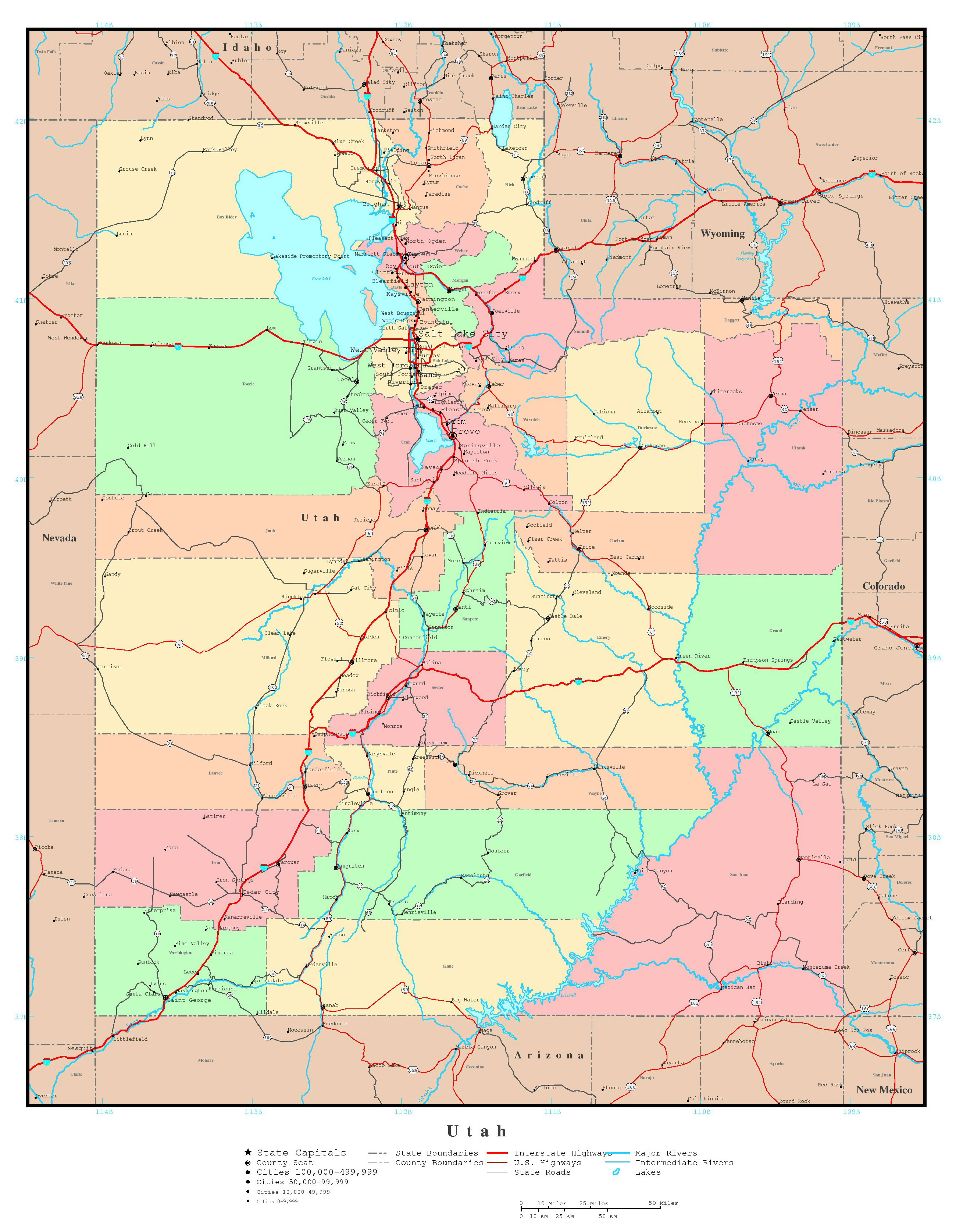 Large Detailed Administrative Map Of Utah State With Roads