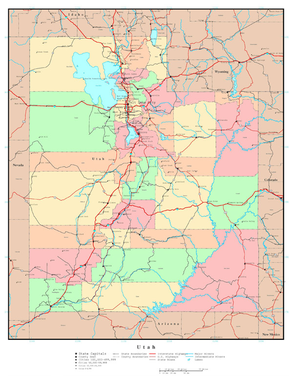 Large detailed administrative map of Utah state with roads, highways and major cities.