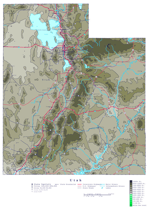 Large detailed elevation map of Utah state with roads, highways and cities.