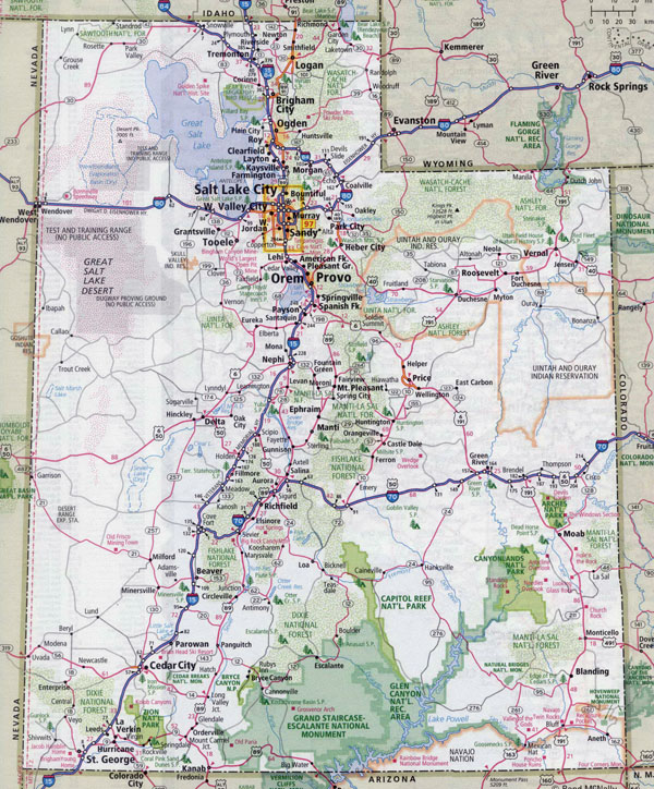 Large detailed roads and highways map of Utah state with all cities.