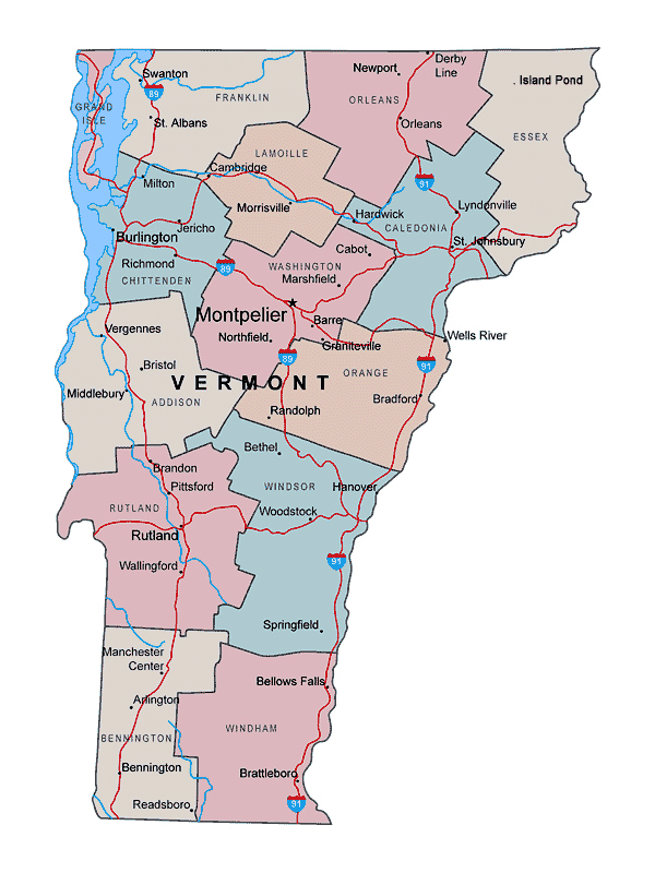 Administrative map of Vermont state with major cities.