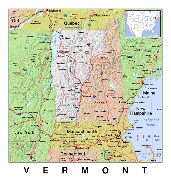 The state of Vermont detailed map with relief.