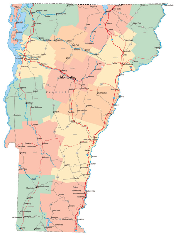 Large administrative map of Vermont state with roads, highways and major cities.