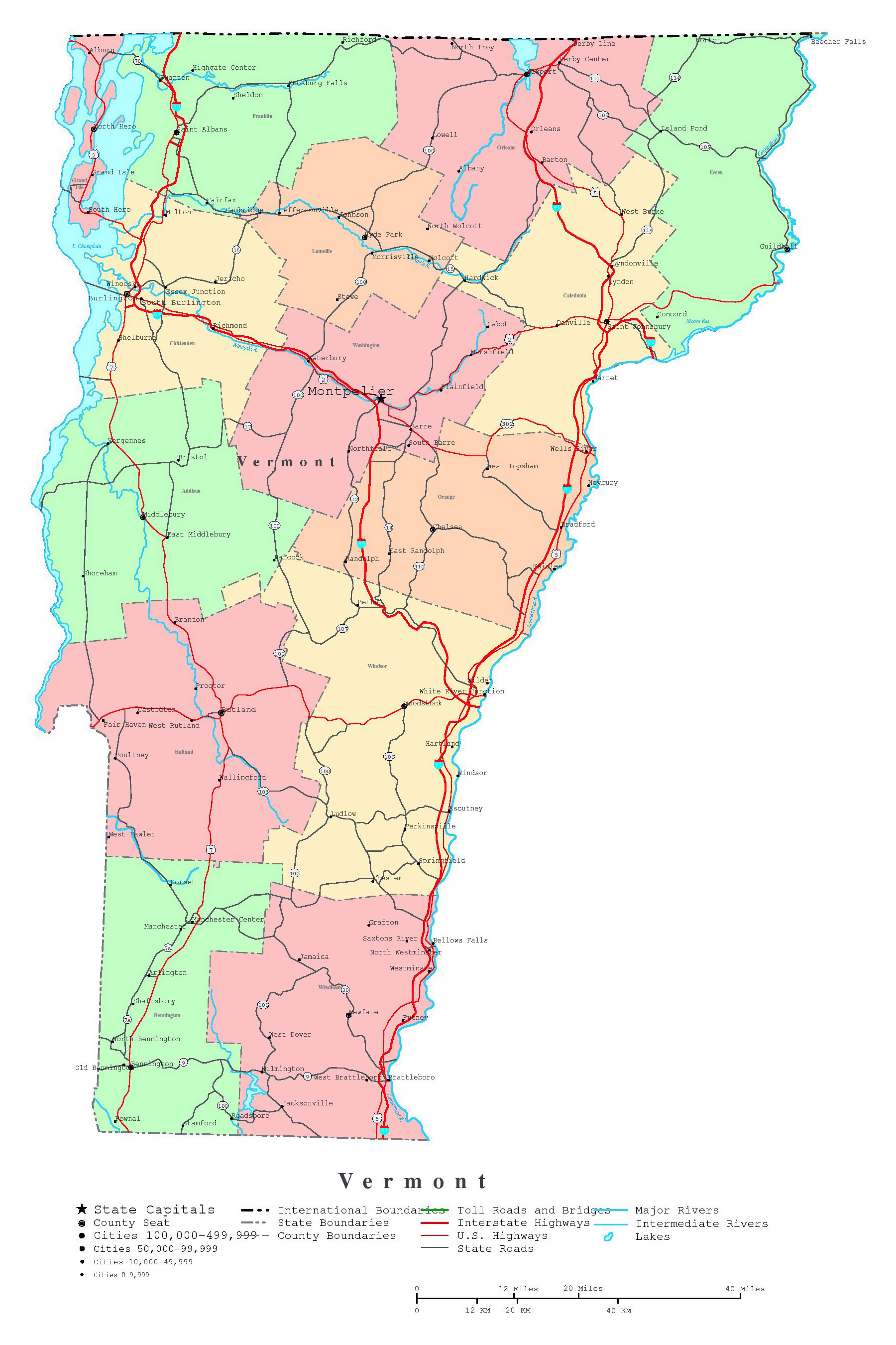 Large detailed administrative map of Vermont state with roads, highways