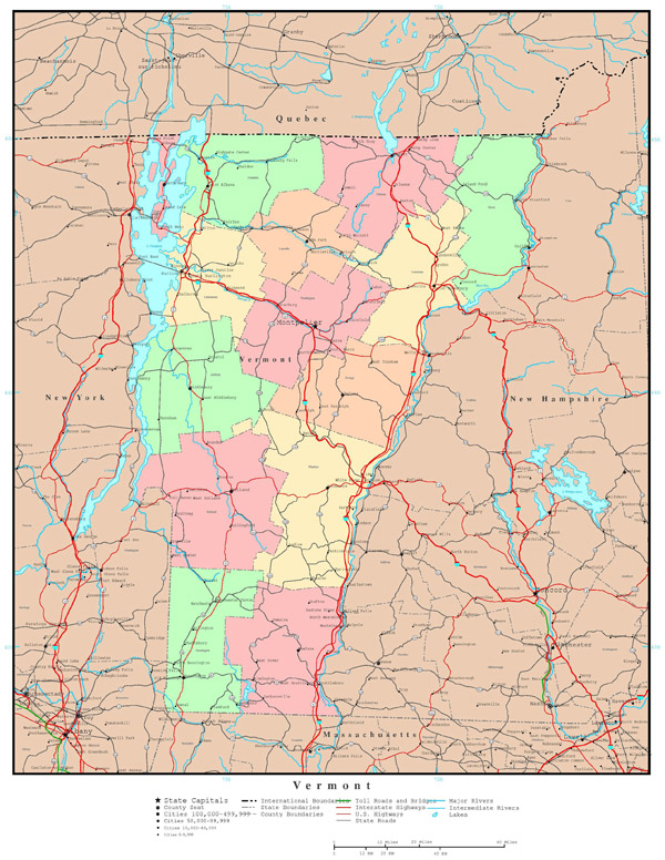 Large detailed administrative map of Vermont state with roads, highways and major cities.