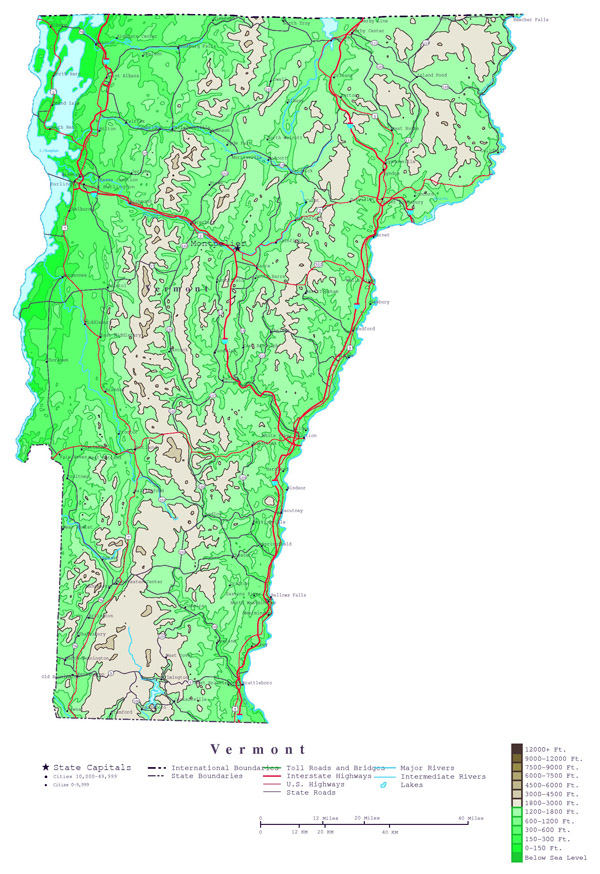 Large detailed elevation map of Vermont state with roads, highways and major cities.