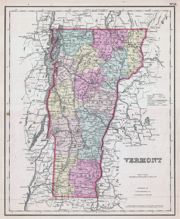 Large detailed old administrative map of Vermont state - 1857.