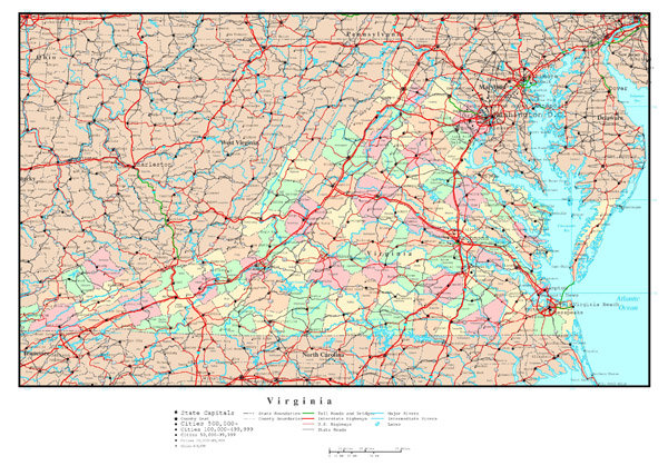 Large detailed administrative map of Virginia state with roads