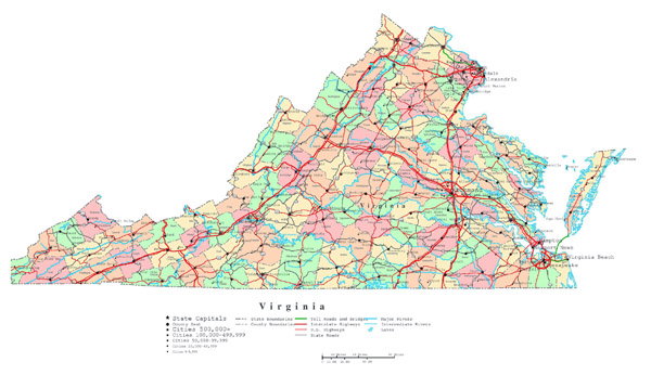 Large detailed administrative map of Virginia state with roads, highways and cities.